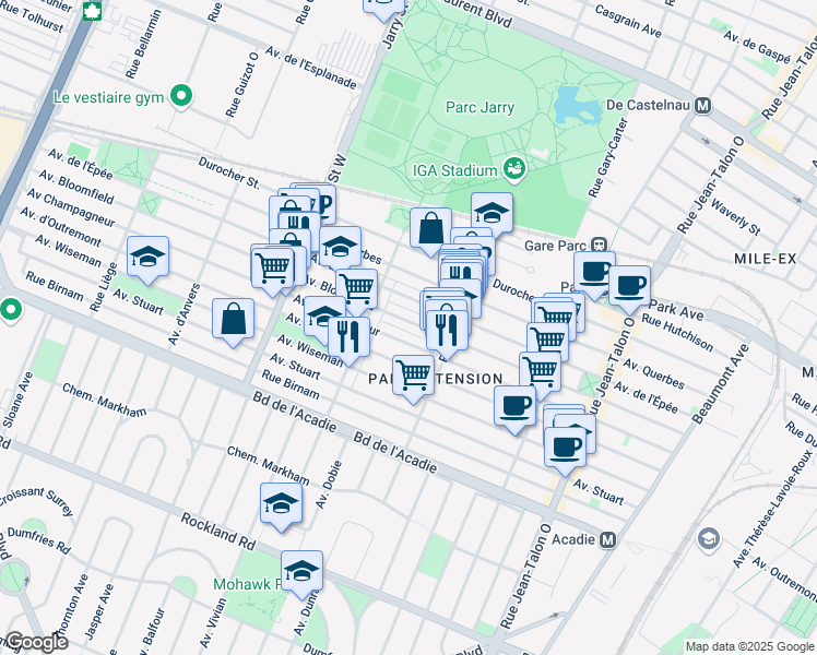 map of restaurants, bars, coffee shops, grocery stores, and more near 7784 Avenue Bloomfield in Montréal