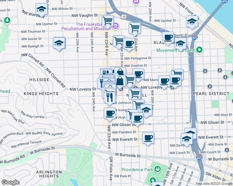 map of restaurants, bars, coffee shops, grocery stores, and more near 2237 Northwest Kearney Street in Portland