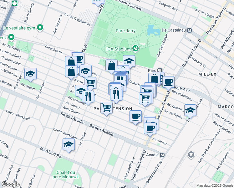 map of restaurants, bars, coffee shops, grocery stores, and more near in Montreal