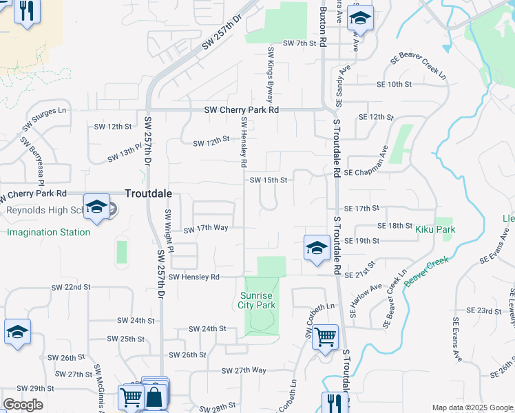 map of restaurants, bars, coffee shops, grocery stores, and more near 1640 Southwest Clara Street in Troutdale