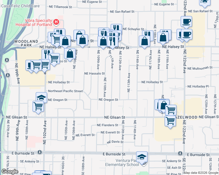 map of restaurants, bars, coffee shops, grocery stores, and more near 921 Northeast 111th Avenue in Portland
