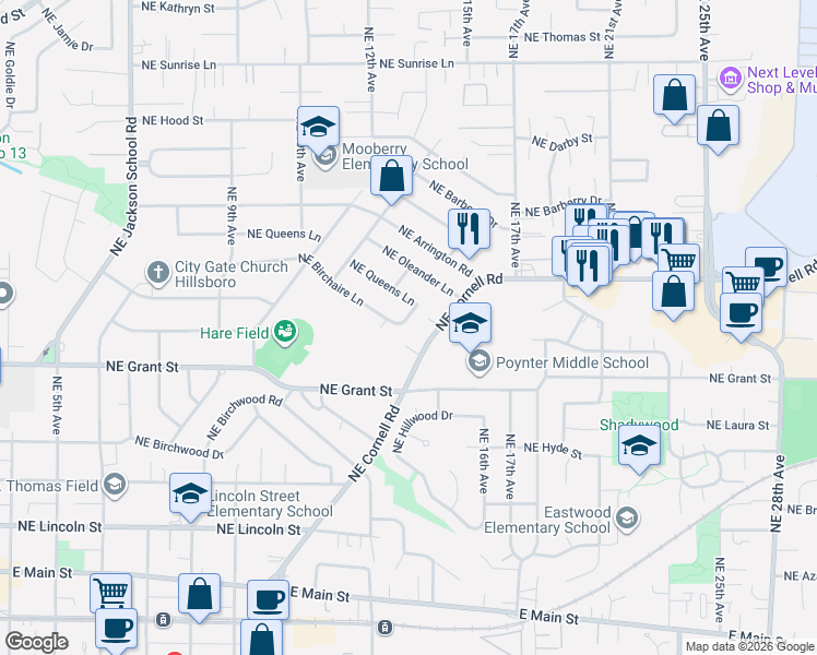 map of restaurants, bars, coffee shops, grocery stores, and more near 1340 Northeast Birchaire Lane in Hillsboro