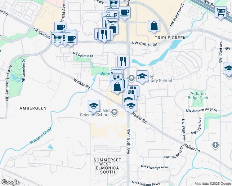 map of restaurants, bars, coffee shops, grocery stores, and more near 1297 Northwest 185th Avenue in Beaverton