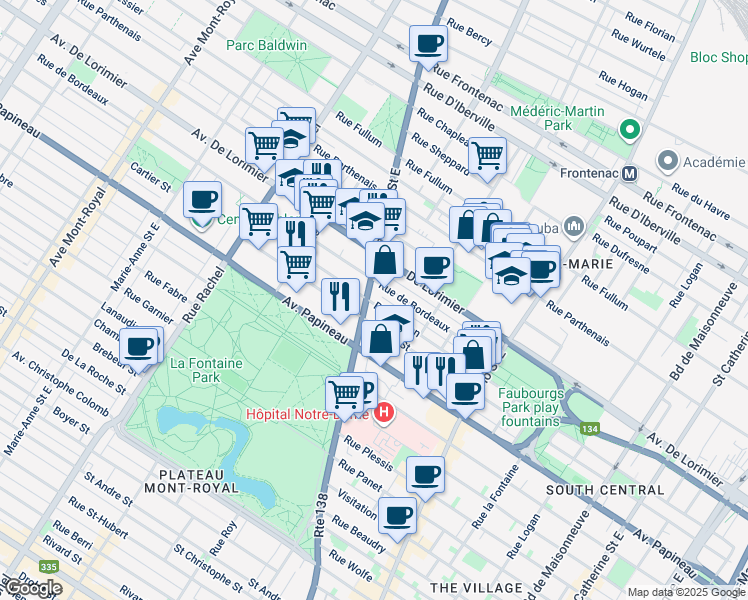 map of restaurants, bars, coffee shops, grocery stores, and more near 1950 Rue Sherbrooke Est in Montréal