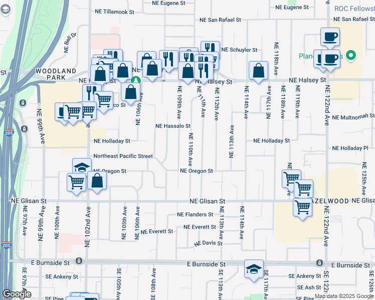 map of restaurants, bars, coffee shops, grocery stores, and more near 938 Northeast 109th Avenue in Portland
