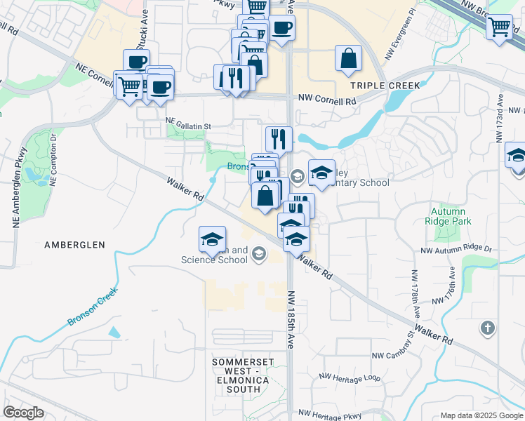 map of restaurants, bars, coffee shops, grocery stores, and more near 1297 Northwest 185th Avenue in Beaverton