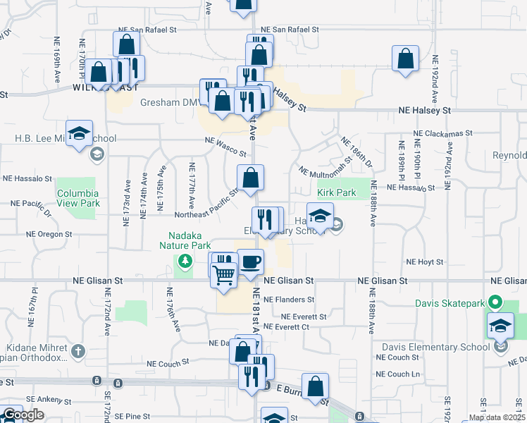 map of restaurants, bars, coffee shops, grocery stores, and more near 900 Northeast 181st Avenue in Portland