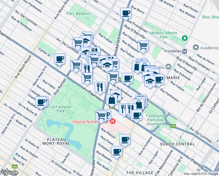 map of restaurants, bars, coffee shops, grocery stores, and more near 1950 Rue Sherbrooke Est in Montréal
