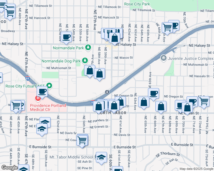 map of restaurants, bars, coffee shops, grocery stores, and more near 901 Northeast 60th Avenue in Portland