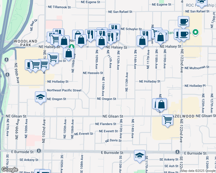 map of restaurants, bars, coffee shops, grocery stores, and more near 921 Northeast 111th Avenue in Portland