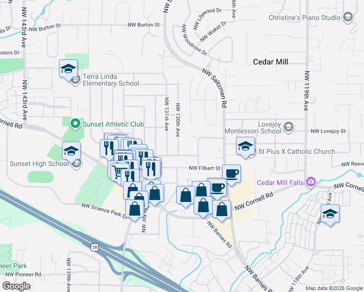 map of restaurants, bars, coffee shops, grocery stores, and more near 1360 Northwest 130th Avenue in Portland