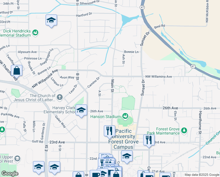 map of restaurants, bars, coffee shops, grocery stores, and more near 2736 Main Street in Forest Grove