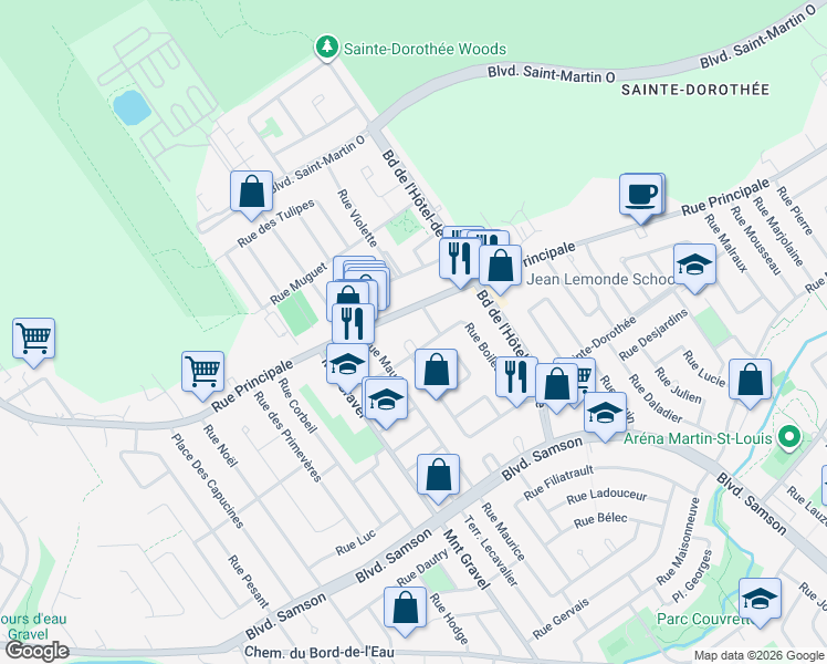 map of restaurants, bars, coffee shops, grocery stores, and more near 581 Rue des Pétunias in Laval