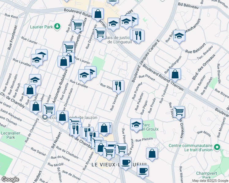map of restaurants, bars, coffee shops, grocery stores, and more near 2546 Rue Vimont in Longueuil