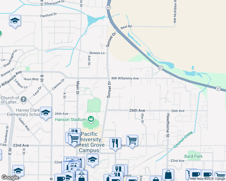 map of restaurants, bars, coffee shops, grocery stores, and more near 2725 Sunset Drive in Forest Grove