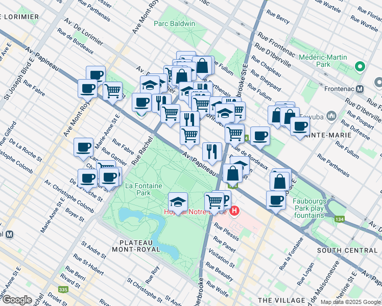 map of restaurants, bars, coffee shops, grocery stores, and more near 3535 Avenue Papineau in Montreal