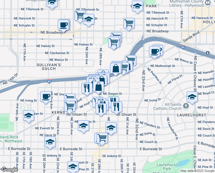 map of restaurants, bars, coffee shops, grocery stores, and more near 2920 Northeast Sandy Boulevard in Portland