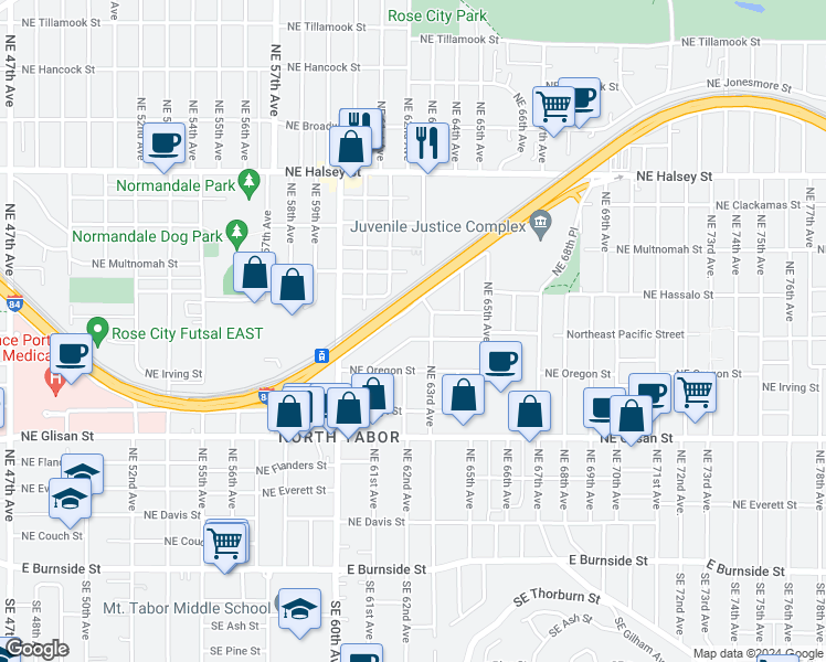 map of restaurants, bars, coffee shops, grocery stores, and more near 6203 Northeast Pacific Street in Portland