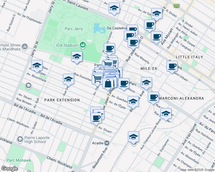 map of restaurants, bars, coffee shops, grocery stores, and more near 7225 Rue Durocher in Montréal