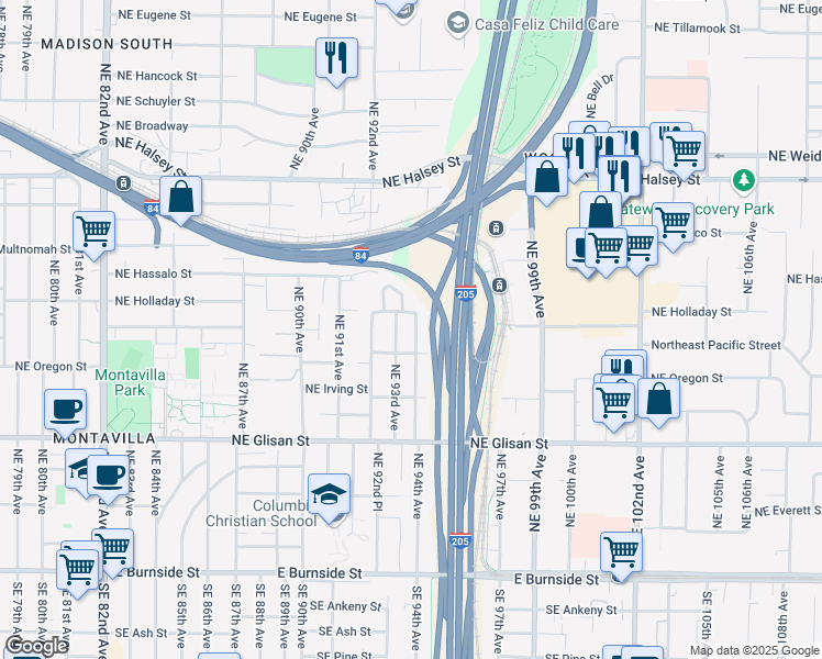map of restaurants, bars, coffee shops, grocery stores, and more near 905 Northeast 94th Avenue in Portland