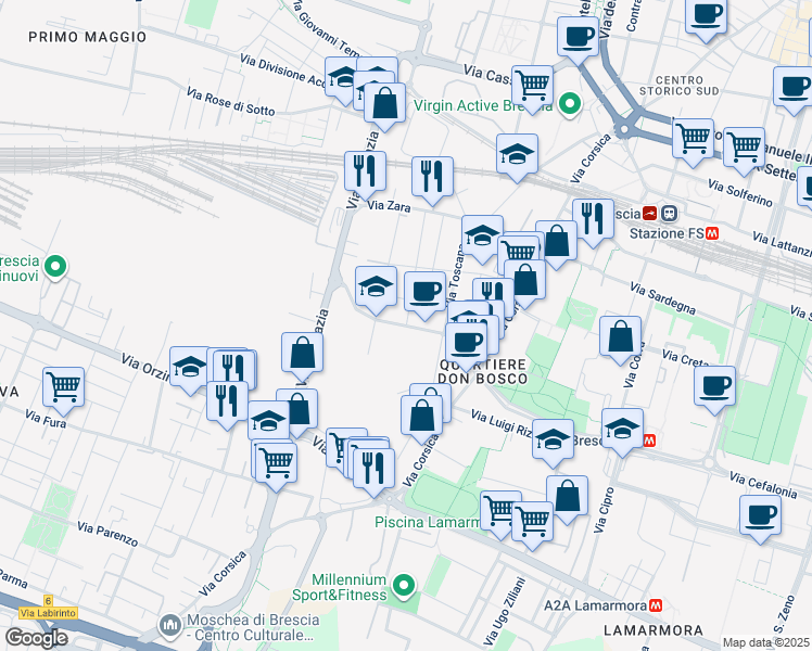 map of restaurants, bars, coffee shops, grocery stores, and more near 10-13 Via Lombardia in Brescia