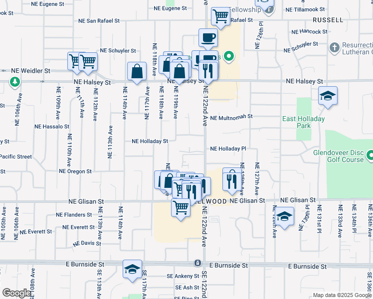 map of restaurants, bars, coffee shops, grocery stores, and more near 917 Northeast 122nd Avenue in Portland