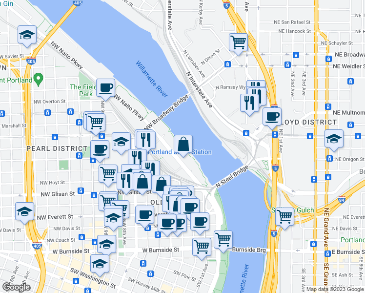 map of restaurants, bars, coffee shops, grocery stores, and more near 810 Northwest Naito Parkway in Portland