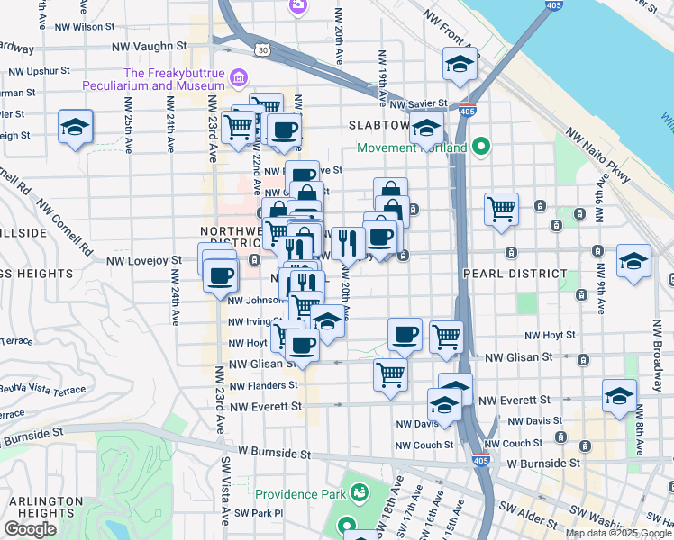 map of restaurants, bars, coffee shops, grocery stores, and more near in Portland