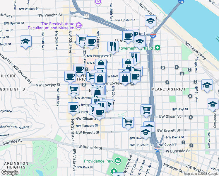 map of restaurants, bars, coffee shops, grocery stores, and more near in Portland