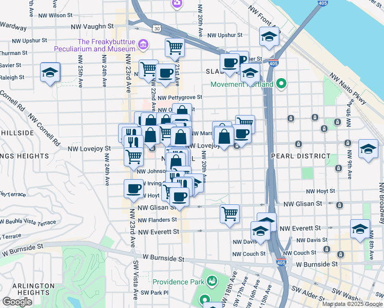 map of restaurants, bars, coffee shops, grocery stores, and more near in Portland