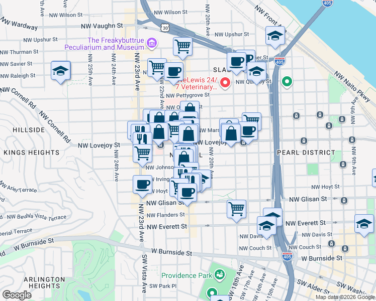 map of restaurants, bars, coffee shops, grocery stores, and more near 2074 Northwest Lovejoy Street in Portland