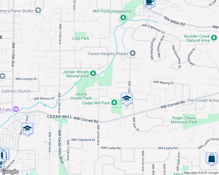 map of restaurants, bars, coffee shops, grocery stores, and more near 10541 Northwest Jordan Lane in Portland