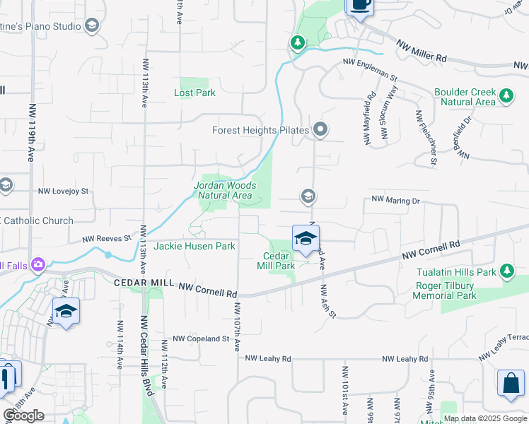 map of restaurants, bars, coffee shops, grocery stores, and more near 10541 Northwest Jordan Lane in Portland