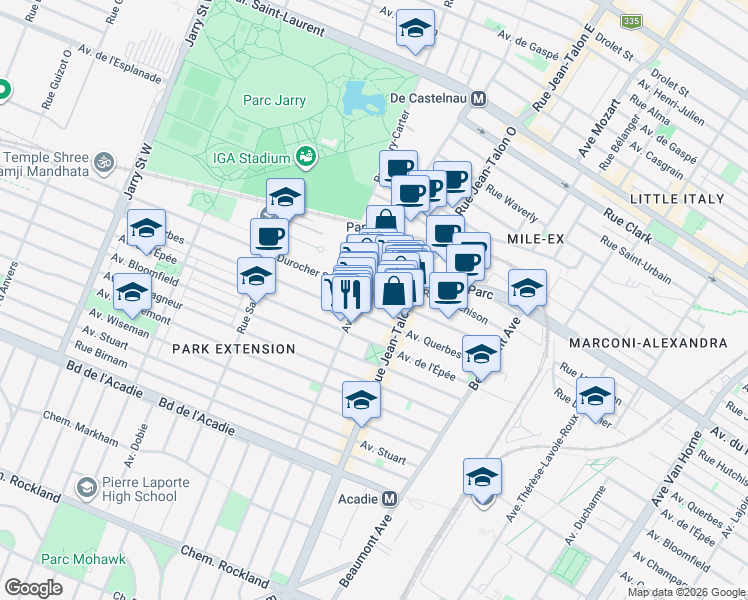 map of restaurants, bars, coffee shops, grocery stores, and more near 7270 Rue Durocher in Montreal