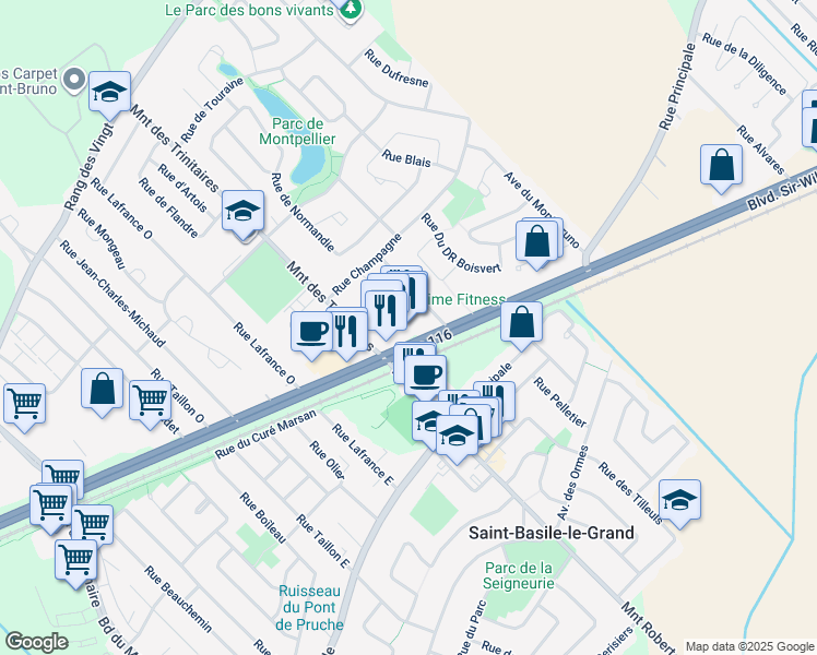 map of restaurants, bars, coffee shops, grocery stores, and more near 181 Québec 116 in Saint-Basile-le-Grand