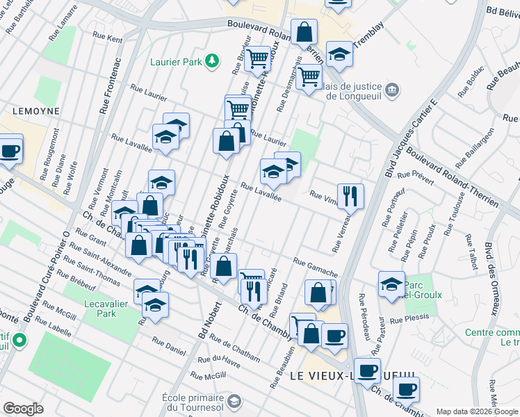 map of restaurants, bars, coffee shops, grocery stores, and more near 230 Rue Paul in Longueuil