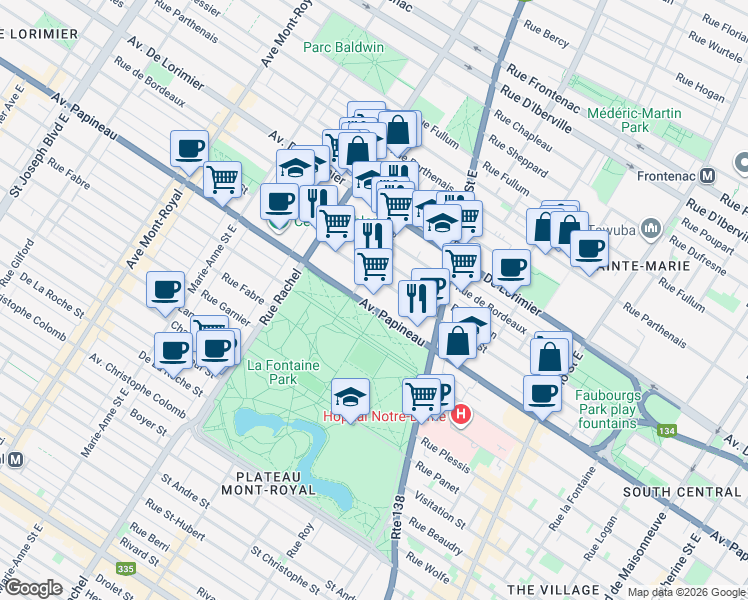 map of restaurants, bars, coffee shops, grocery stores, and more near 3535 Avenue Papineau in Montréal