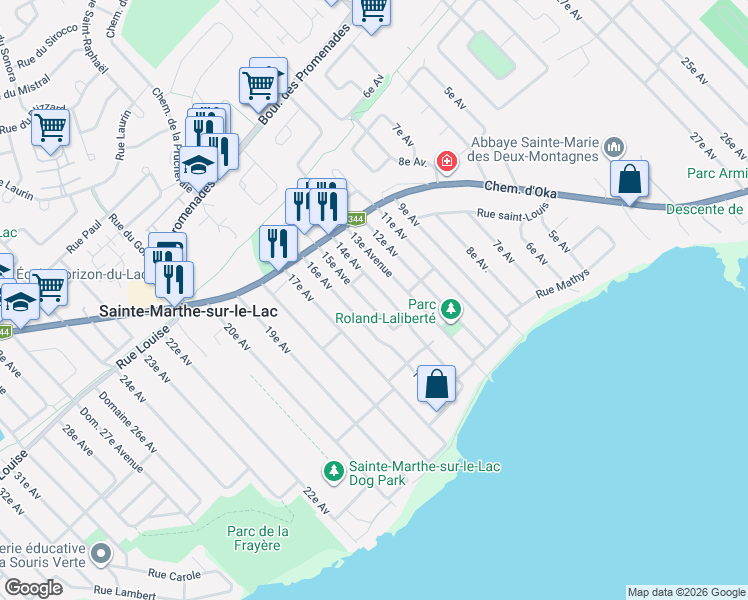 map of restaurants, bars, coffee shops, grocery stores, and more near 57 15e Avenue in Sainte-Marthe-sur-le-Lac