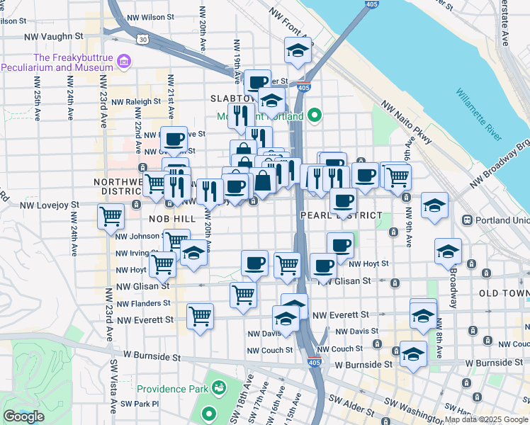 map of restaurants, bars, coffee shops, grocery stores, and more near 1755 Northwest Kearney Street in Portland