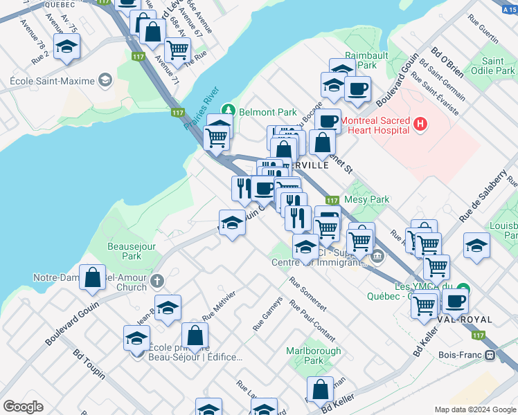 map of restaurants, bars, coffee shops, grocery stores, and more near 6311 Boulevard Gouin Ouest in Montréal