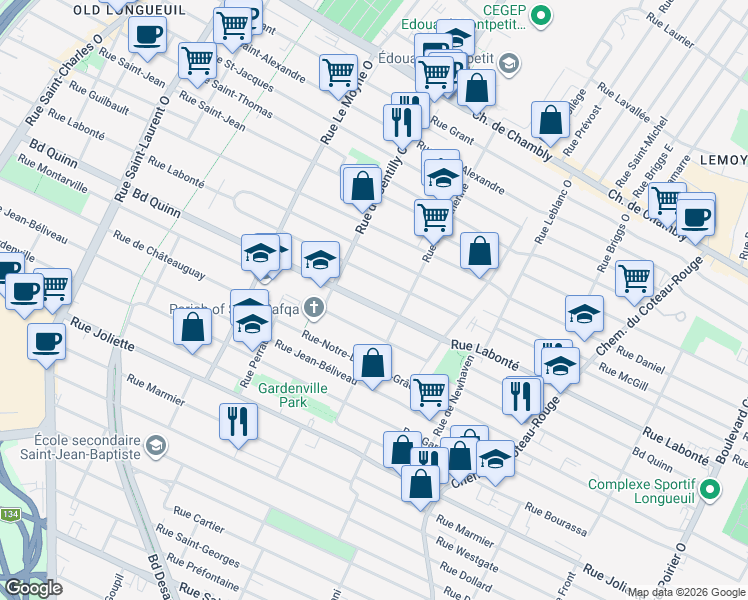 map of restaurants, bars, coffee shops, grocery stores, and more near 915 Boulevard Quinn in Longueuil