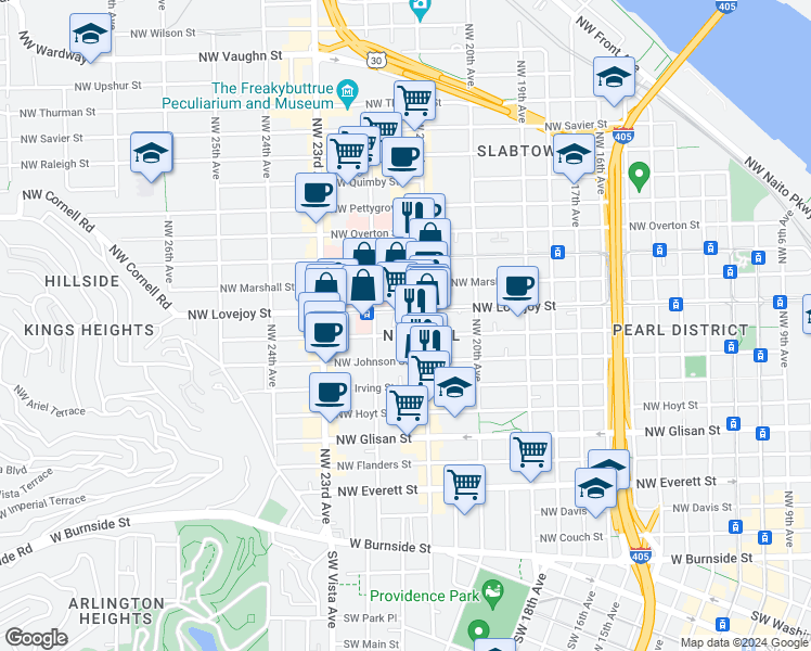 map of restaurants, bars, coffee shops, grocery stores, and more near 2131 Northwest Kearney Street in Portland