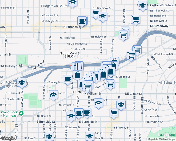 map of restaurants, bars, coffee shops, grocery stores, and more near 909 Northeast 24th Avenue in Portland