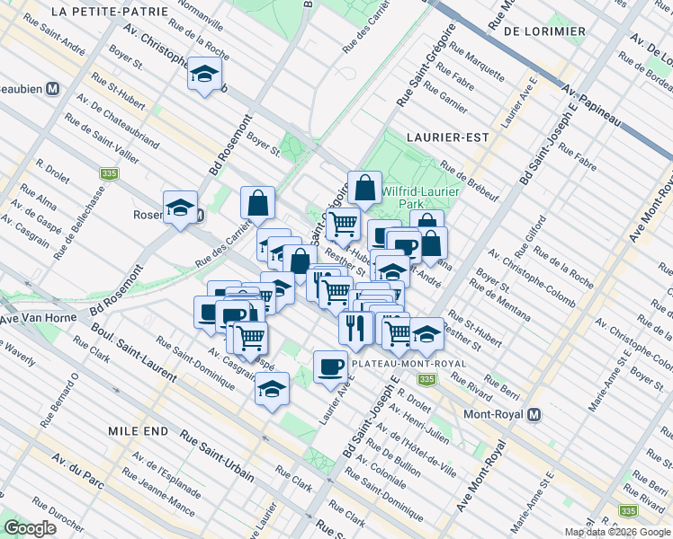 map of restaurants, bars, coffee shops, grocery stores, and more near 5275 Berri Street in Montreal