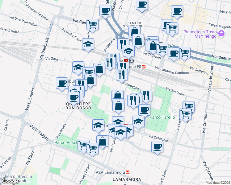 map of restaurants, bars, coffee shops, grocery stores, and more near 24 Via Privata de Vitalis in Brescia