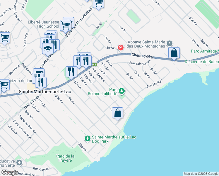 map of restaurants, bars, coffee shops, grocery stores, and more near 48 13e Avenue in Sainte-Marthe-sur-le-Lac