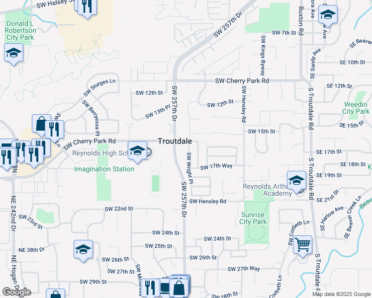map of restaurants, bars, coffee shops, grocery stores, and more near 1623 Southwest Wright Place in Troutdale