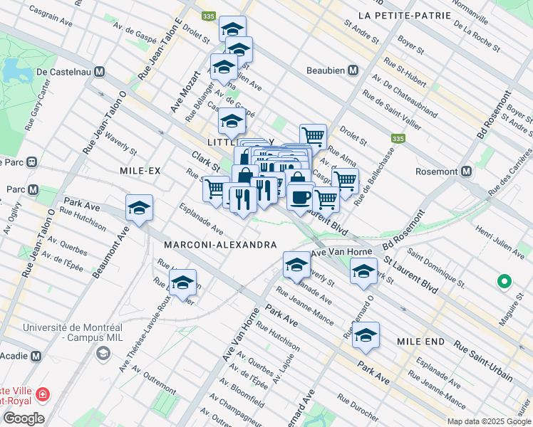 map of restaurants, bars, coffee shops, grocery stores, and more near 6450 Boulevard Saint-Laurent in Montréal