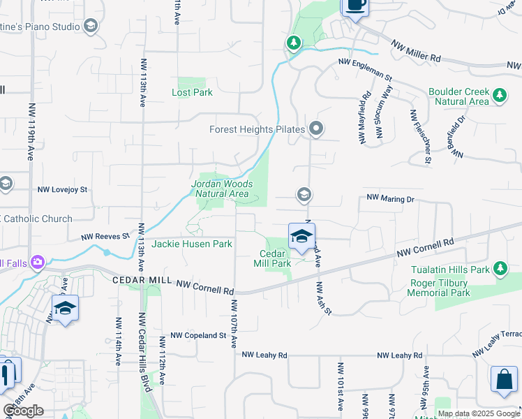 map of restaurants, bars, coffee shops, grocery stores, and more near 10541 Northwest Jordan Lane in Portland