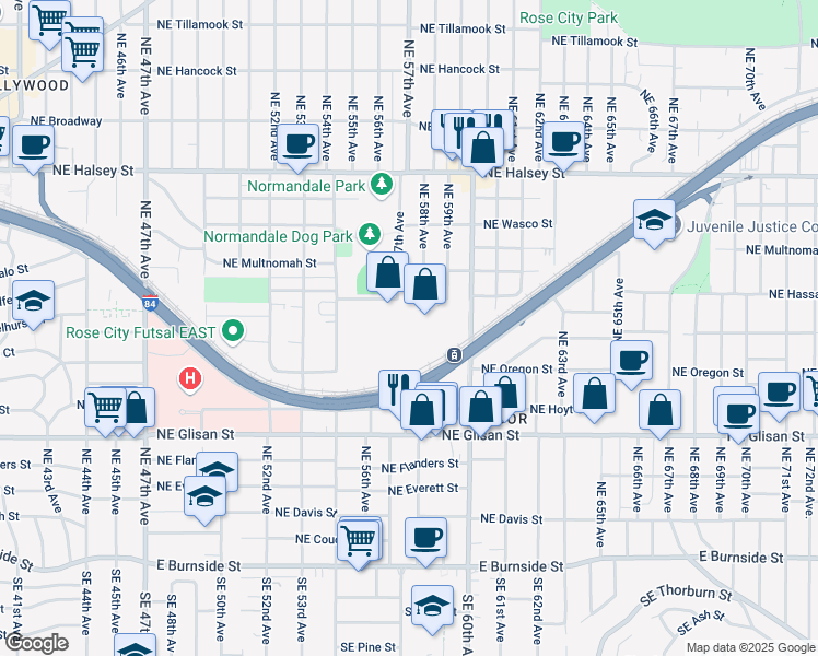 map of restaurants, bars, coffee shops, grocery stores, and more near 920 Northeast 57th Avenue in Portland